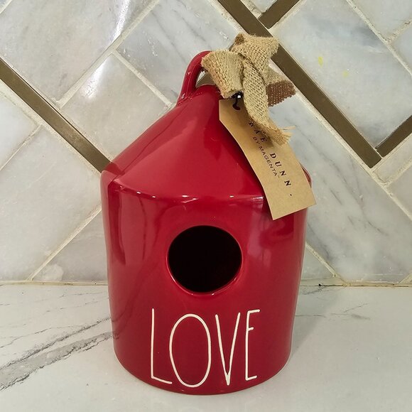 Rae Dunn NWT Red Ceramic Birdhouse With Burlap Ribbon Love Artisan - Picture 4 of 8